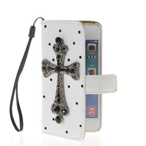PUNKPHONE (TM) New Style Handmade Bling Rhinestone Crystal Flip White Leather Wallet Card Pouch Stand Case Cover for Apple Iphone 5c, 5 / 5s, 4 /4s, Samsung Glaxy S3 I9300, Samsung Glaxy S4 I9500 - (Samsung Glaxy s4 i9500, Black Cross)
