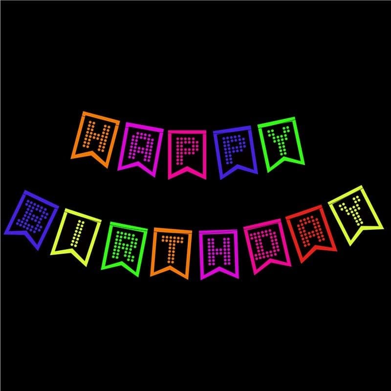Atpata Funky Neon Happy Birthday Flags Banner - Fluorescent Material - Perfect for Birthday Parties - Mesmerizing Neon Glow That Shines Brightly in the Dark