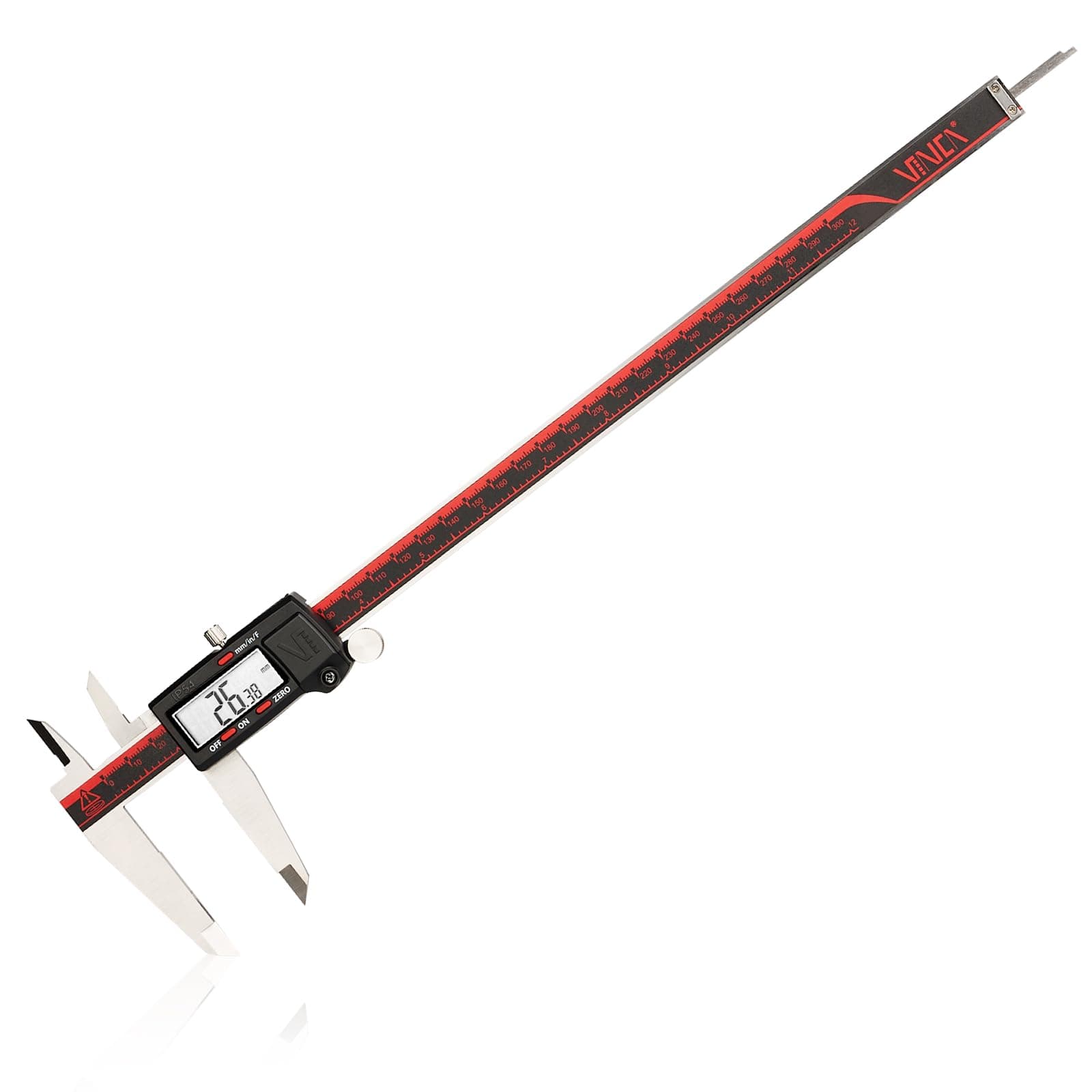 DCLA-1205 Quality Electronic Digital Vernier Caliper Inch/Metric/Fractions Conversion 0-12 Inch/300 mm Stainless Steel Body Red/Black Extra Large LCD Screen Auto Off Featured Measuring Tool