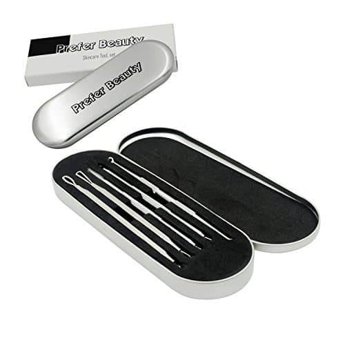 Prefer Beauty Skincare Tools Sets (5 PCS) with Metal Case – Risk Free Best Extractor Tools for Nose & Face Skin, Excellent Treatment for Blackhead Pimple Acne Blemish Zit Removal Kit
