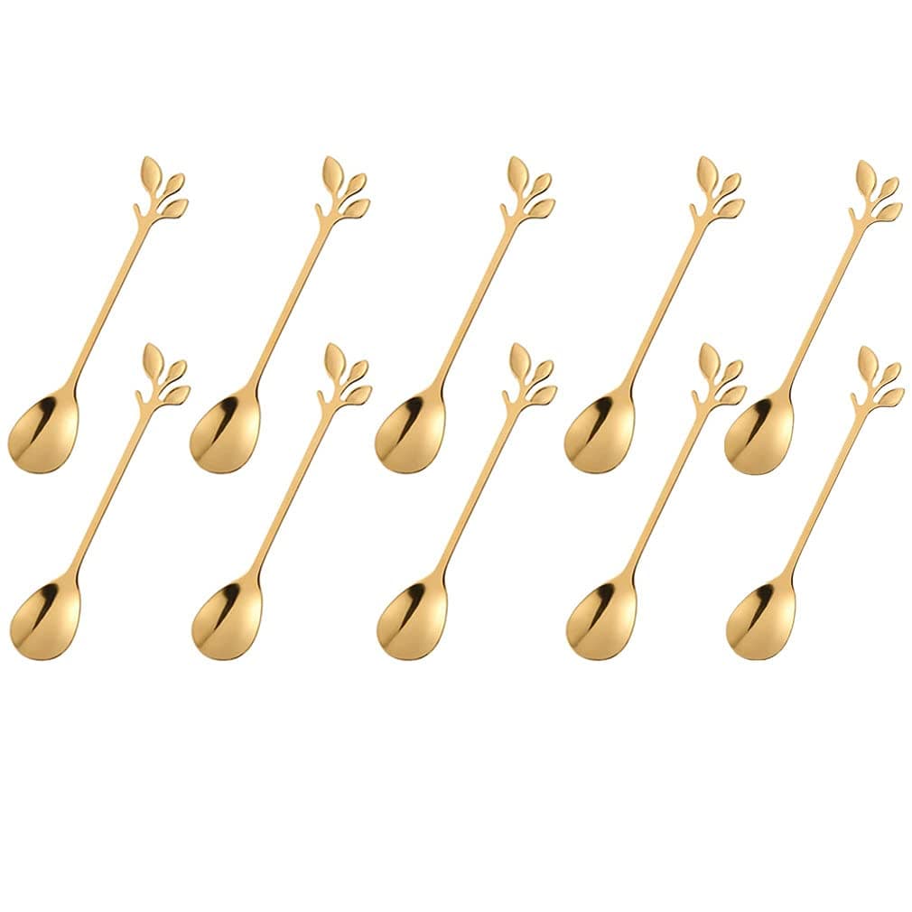 10pcs Coffee Sugar Spoons Stainless Steel Leaf Dessert Spoons for Stirring Mixing Milk Creative Cake Espresso Ice Cream Teaspoons Tableware by RuiChy, Gold