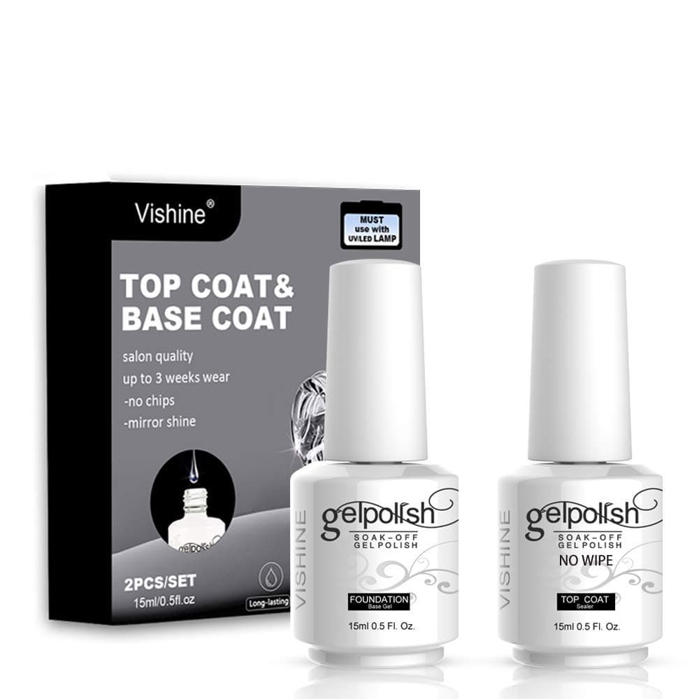 Long Lasting Soak Off Nail Polish Base + Top Coat Set Gel 15ml