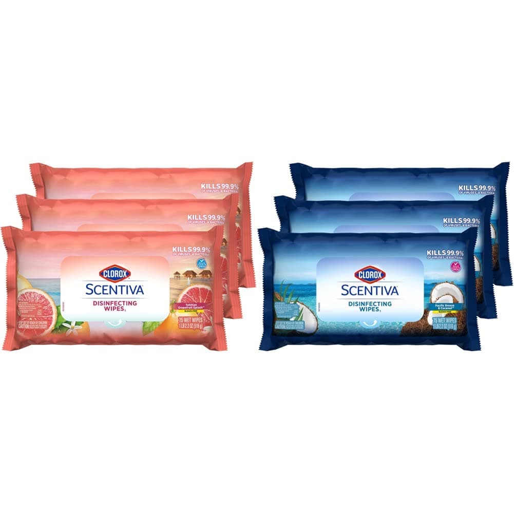 Scentiva Disinfecting Wipes Value Pack, Mixed 3x 75ct Pacific Breeze & Coconut Scent and 3x 75ct Tahitian Grapefruit Splash Scent, 6 pack