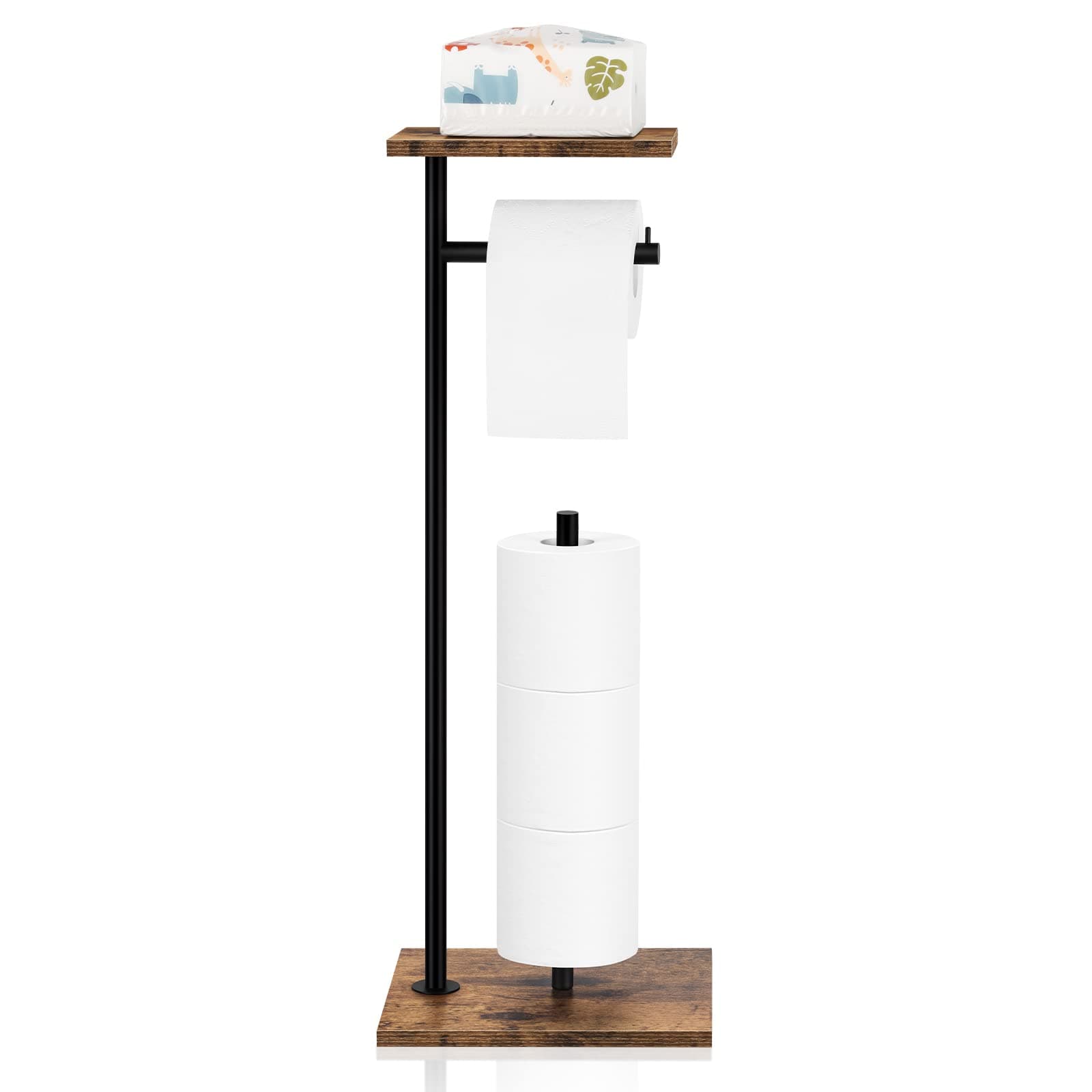 Toilet Paper Holder Stand with Shelf Toilet Paper Roll Holder with Reserve Free Standing TP Holder Rustic Toilet Paper Stand with Shelf for Bathroom Holds Wipe, Mobile Phone, Mega Rolls, Rustic Brown