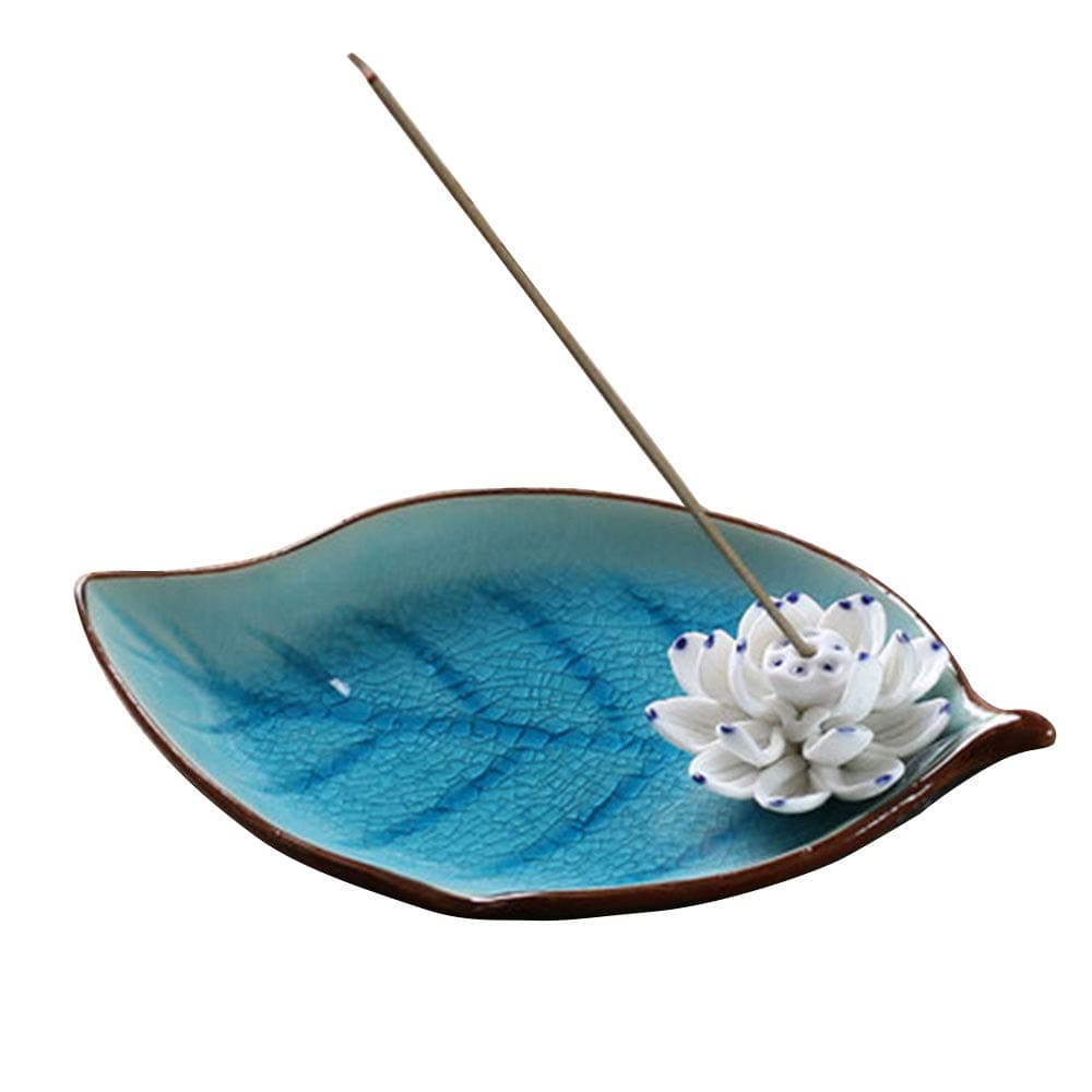 Incense Holder for Sticks, Ceramic Incense Ash Catcher Tray, Leaf-Shape Tray and Lotus Sticks Holder (Sky Blue)