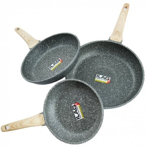Coninx 100% PTFE and PFOA free frying pan set; diameter 20 cm, 24 cm and 28 cm. High quality aluminium pans with ILAG-Granistone coating; frying and universal pan
