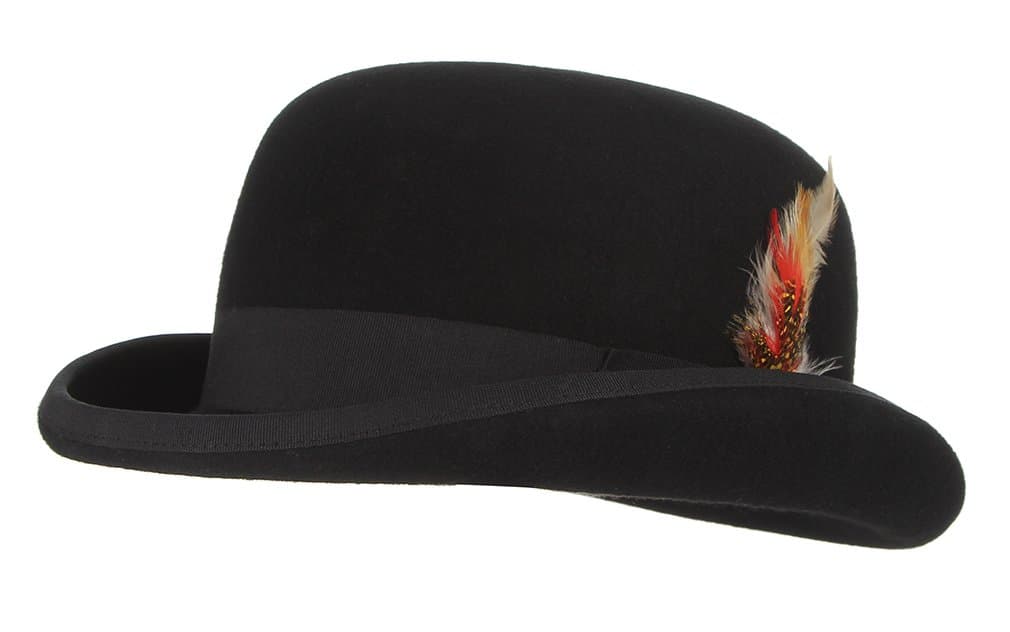 GEMVIEMen's Bowler Derby Hat Wool with Feather Black Derby Hat Satin Lined