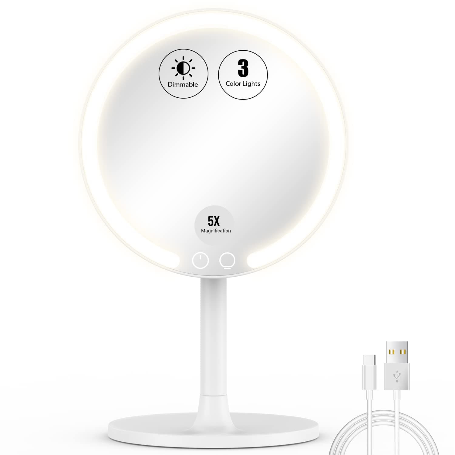 EASEHOLD 5X Lighted Makeup Vanity Mirror, 3 Color Modes 180 Degree Rotation with 56 LEDs,Rechargeable Dimmable Natural Light Detachable Countertop Circle Cosmetic Mirror