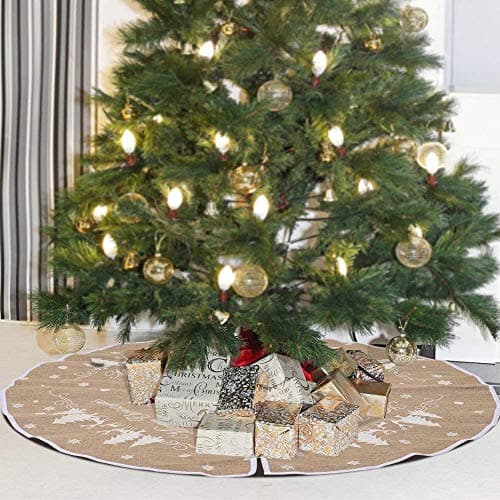 48 Inch Burlap Christmas Tree Skirt, White Snowflake Printed Xmas,Vintage Christmas Decorations, Holiday Tree Ornament, Tree Skirt for New Year Holiday Decorations Indoor Outdoor