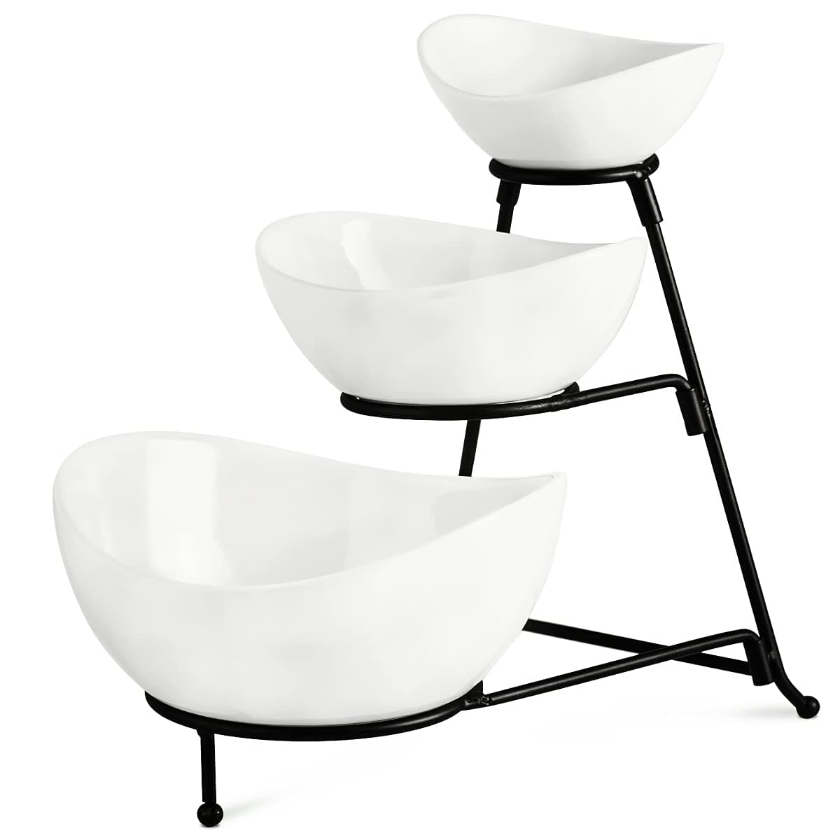 3 Tier Serving Stand with 3 Oval Porcelain Serving Bowl Set with Collapsible Thicker Sturdier Metal Rack (Black)