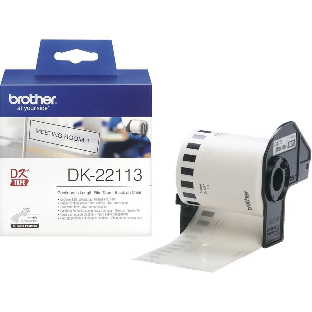 Brother DK-22113 Label Roll, Continuous Length Film, Black on Clear, Single Label Roll, 62mm (W) x 15.24M (L), Brother Genuine Supplies