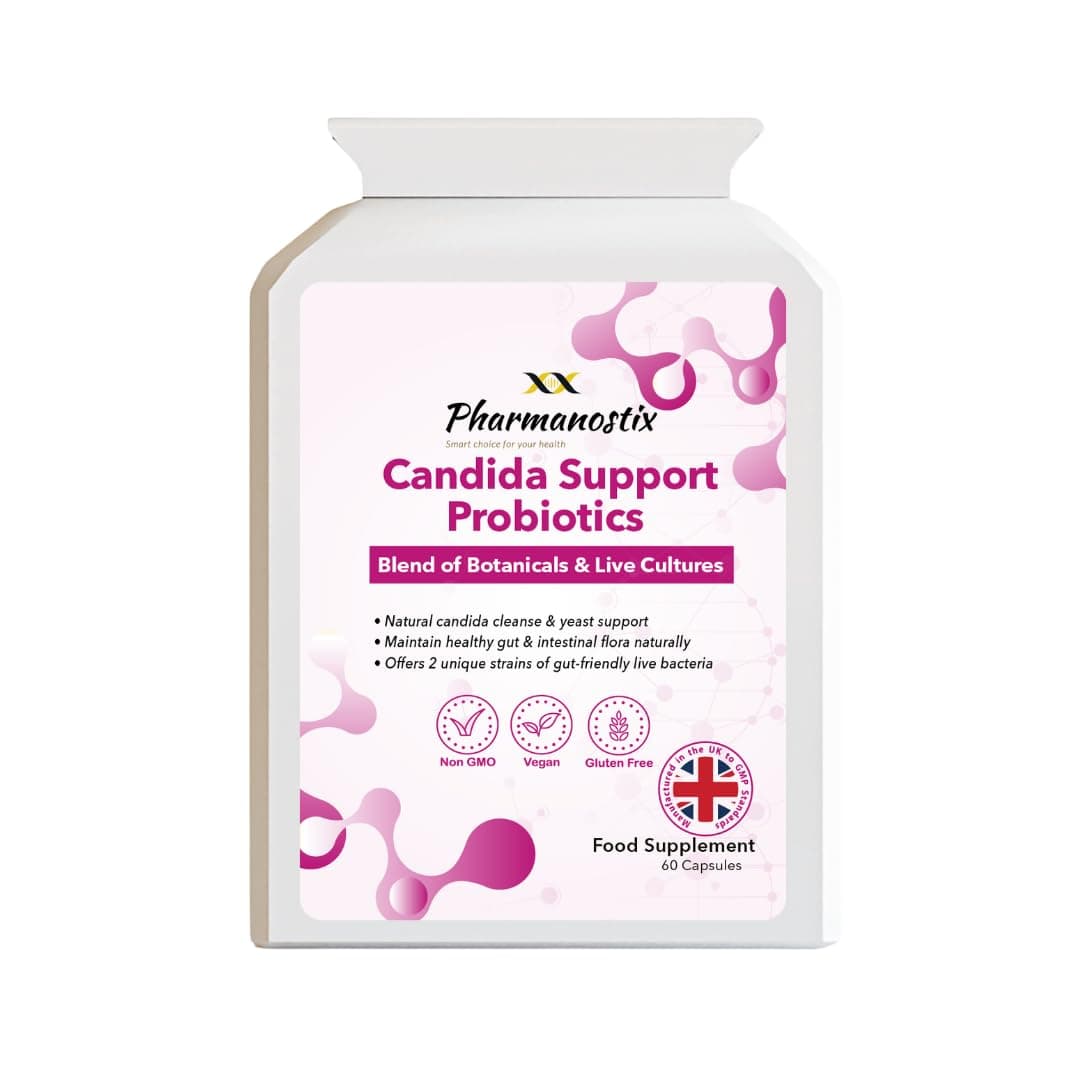 Pharmanostix Candida Support Probiotics – 60 Vegan Capsules | All-in-One Yeast & Gut Health Supplement for Women | 15 Active Ingredients & 200 Million Live Cultures | UK Made