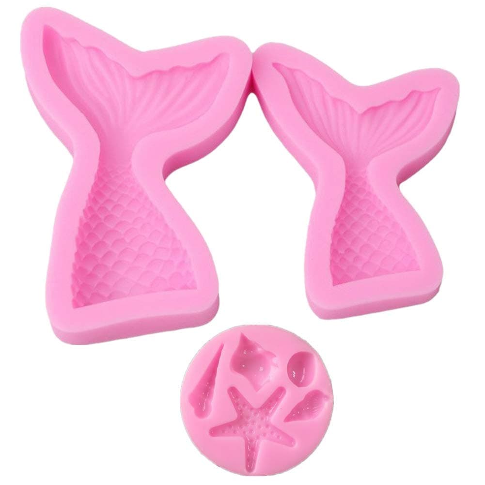 Silicone Molds for Baking, Set of 3pcs Fondant Molds Ocean Series Mermaid Tail Seashell Starfish DIY Fondant Moulds Cake Molds for Jelly Sugar Chocolate Fondant Cooking Molds