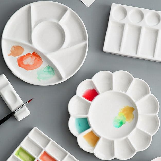 2 Pieces Ceramic Painting Palette, 9 Well Petal Shape Paint Tray & 6 Well Round Paint Tray, Paint Palette, White Ceramic Artist Paint Palette, Mixing Painting Palette for Adult, Kids, Art Student