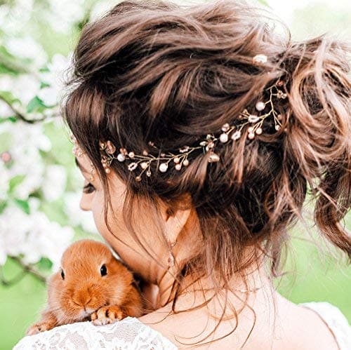 Kercisbeauty 60cm Bridal Bridesmaids Pink Champagne Crystal Beads Headband Vine Headpiece Hair Vine,Bun Hair Accessory for Prom,Halloween Party