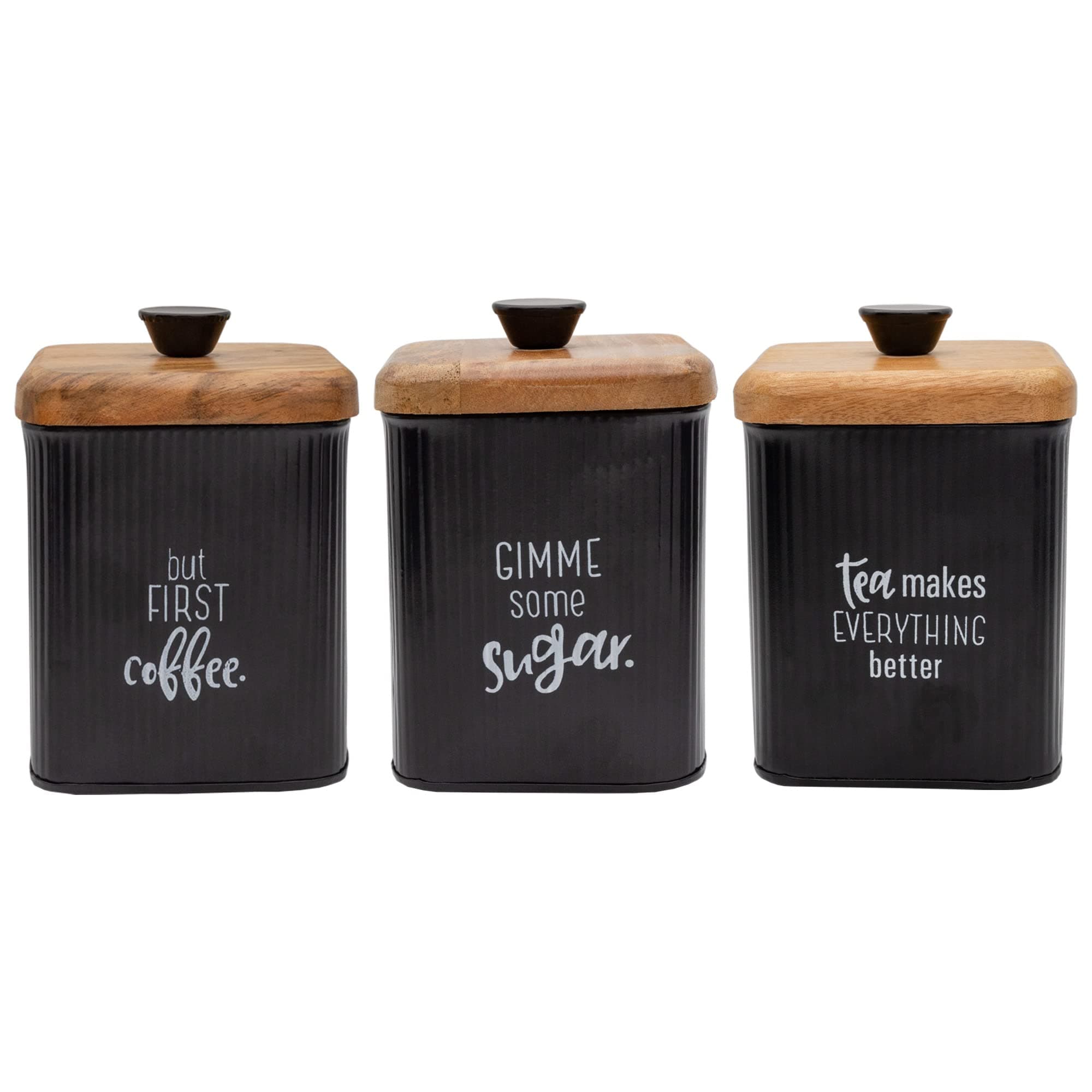 AuldHome Design Farmhouse Black Enamelware Canisters (Set of 3); Storage Containers for Coffee, Tea and Sugar in Black Enamel and Wood Design