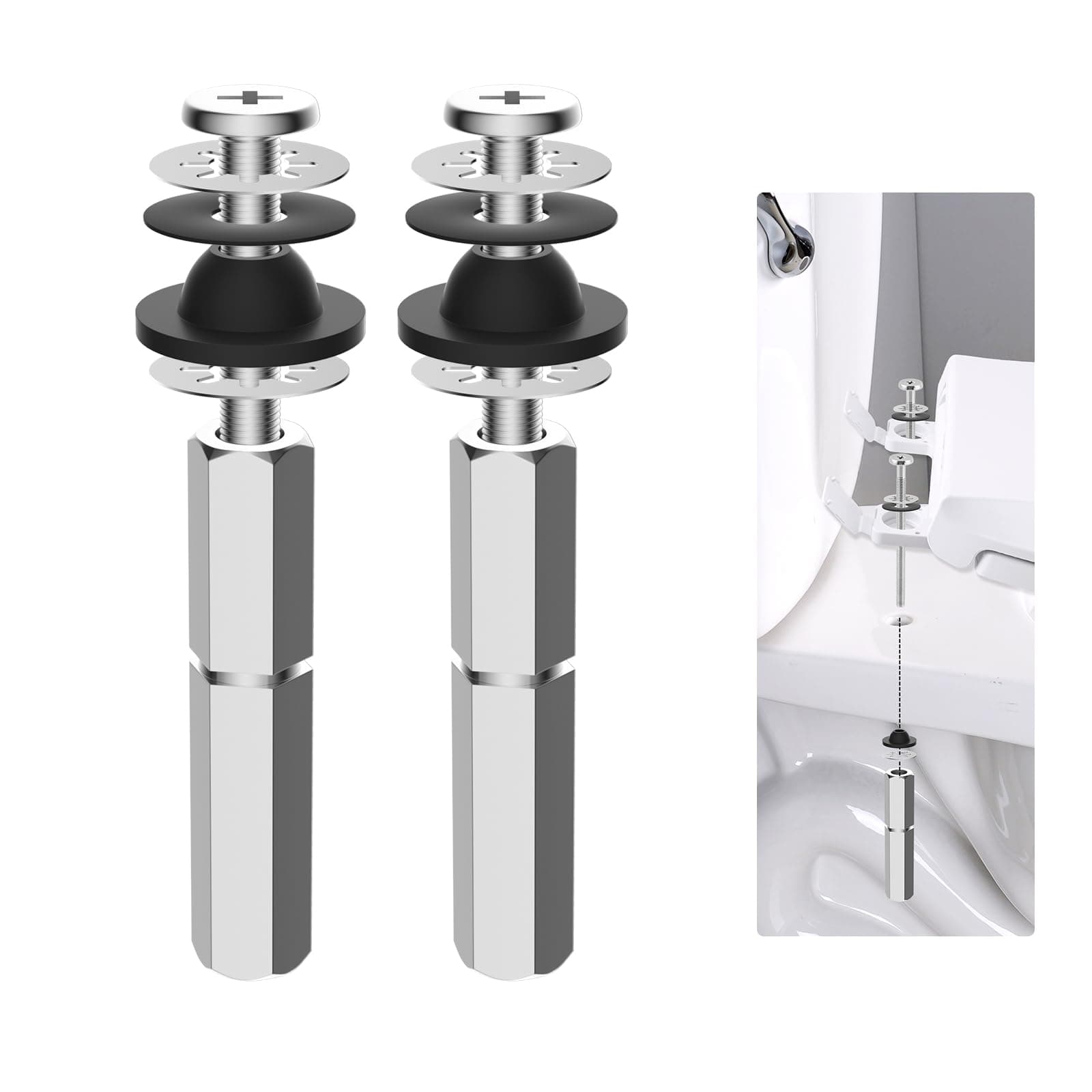 Hibbent 2 PCS Universal Toilet Seat Bolts Kit, Heavy Duty Stainless Steel Toilet Bolts with Extra Long Downlock Nuts Rubber Washers Gaskets, Easy to Install -Bathroom Toilet Repair Screw