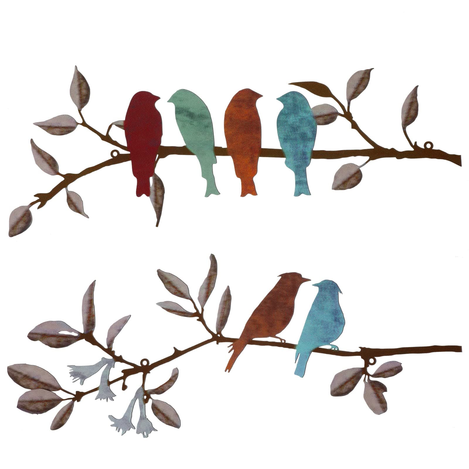2 Pcs Metal Birds Wall Art Vivid Birds on Branch Metal Birds Wall Decor Hanging Leaves with Birds Outdoor Wall Decor Rustic Bird Decor Leaf Wall Decor or Balcony Garden Indoor Outdoor Decor(Colorful)