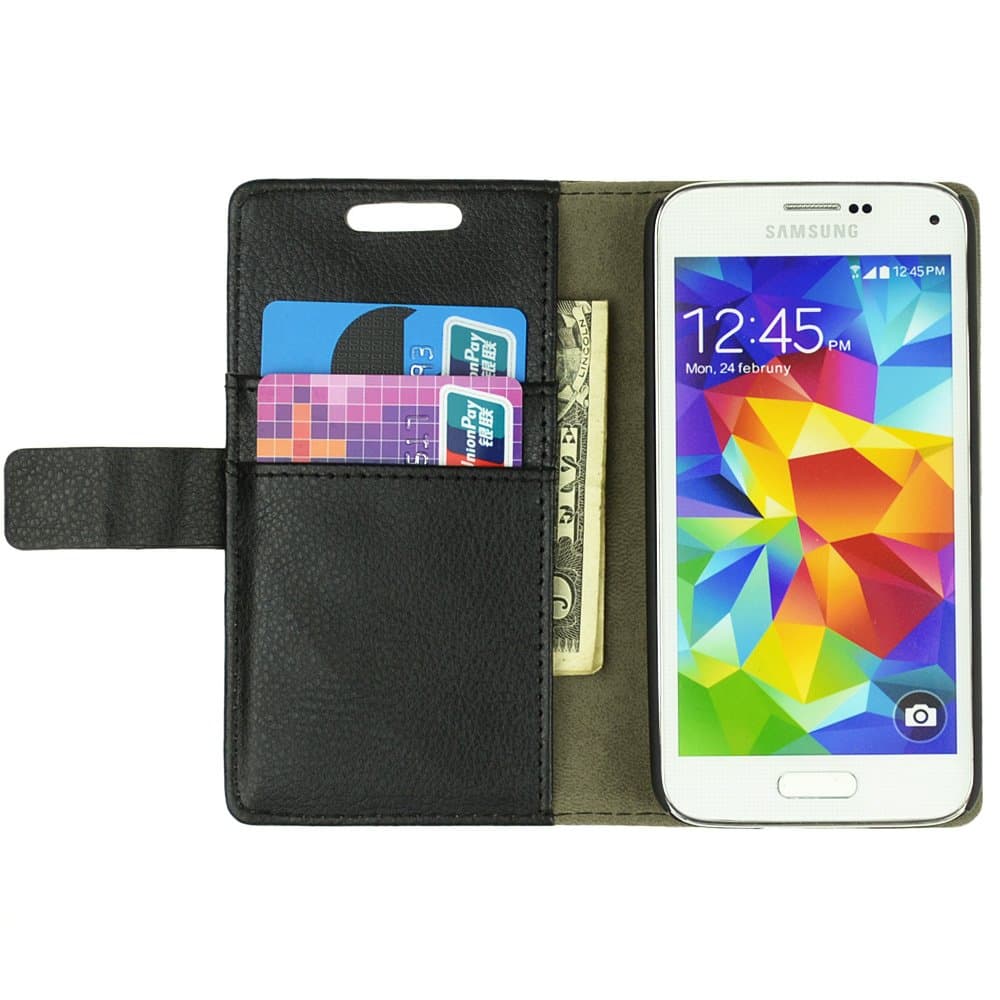 Premium Wallet Stand Case for Samsung Galaxy S5 Mini with PU Leather Flip Folio Stand Cover with Card Slots, Black