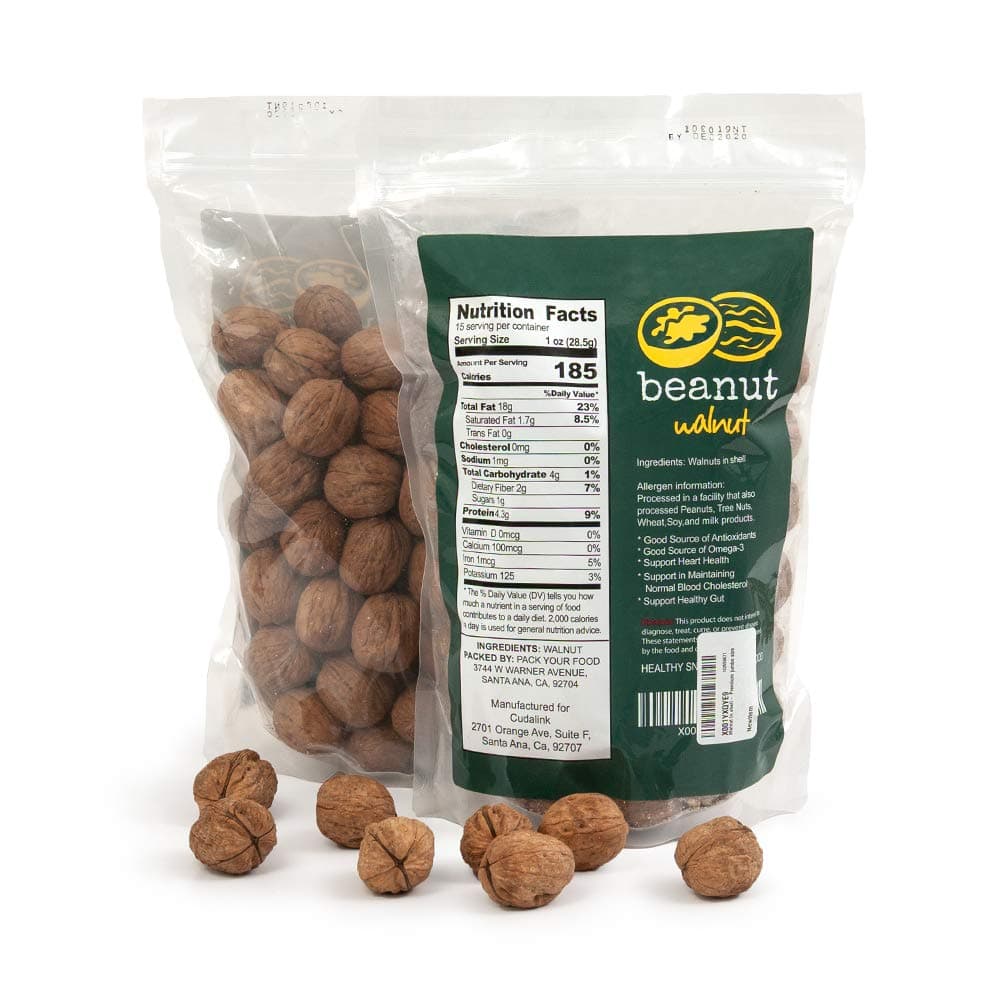 beanut Premium English Walnuts in-shell 2 lb| Product of California | Jumbo Size and Chandler Variety | Fresh Taste | Non-GMO and Raw Walnuts in Resealable Bags