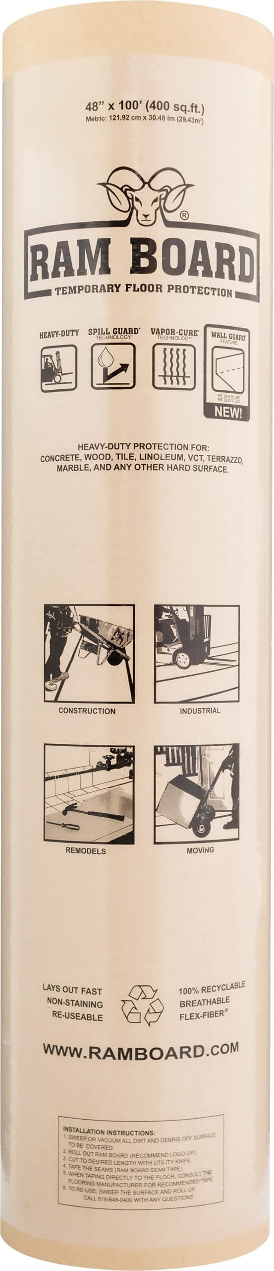 Ram Board Floor Protection, 48" x 100' (400 sq. ft.), Brown (46 RB 48-100)