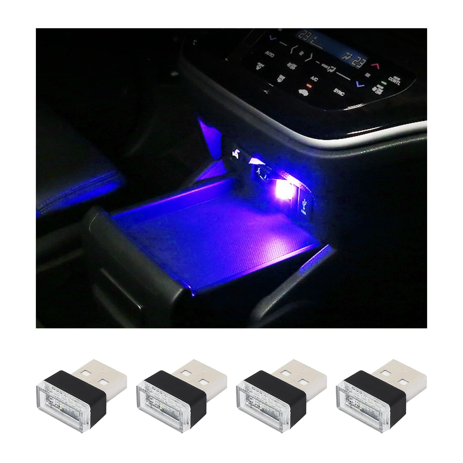 Augeny 4 Pcs Car Interior USB LED Light, Decorative USB Night Light, Portable Ambient Lighting Kit, Universal Vehicle Interior Accessories for Most Cars, Blue