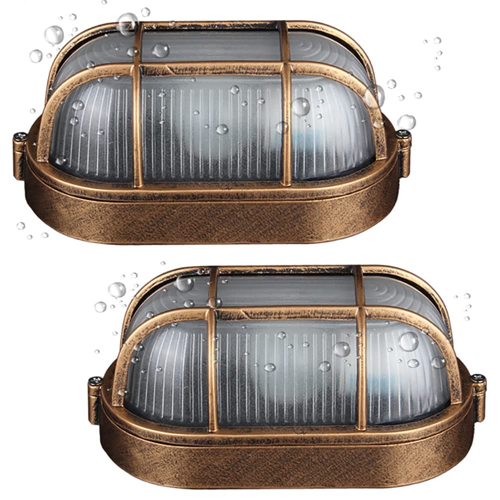 2 Pack Outdoor Oval Bulkhead Light, Vintage Nautical Wall Light with Frosted Glass & Rustproof Aluminum, E27 Base Marine Bulkhead Lamp, Wall or Ceiling Mount for Porch Garden Patio Garage Corridor