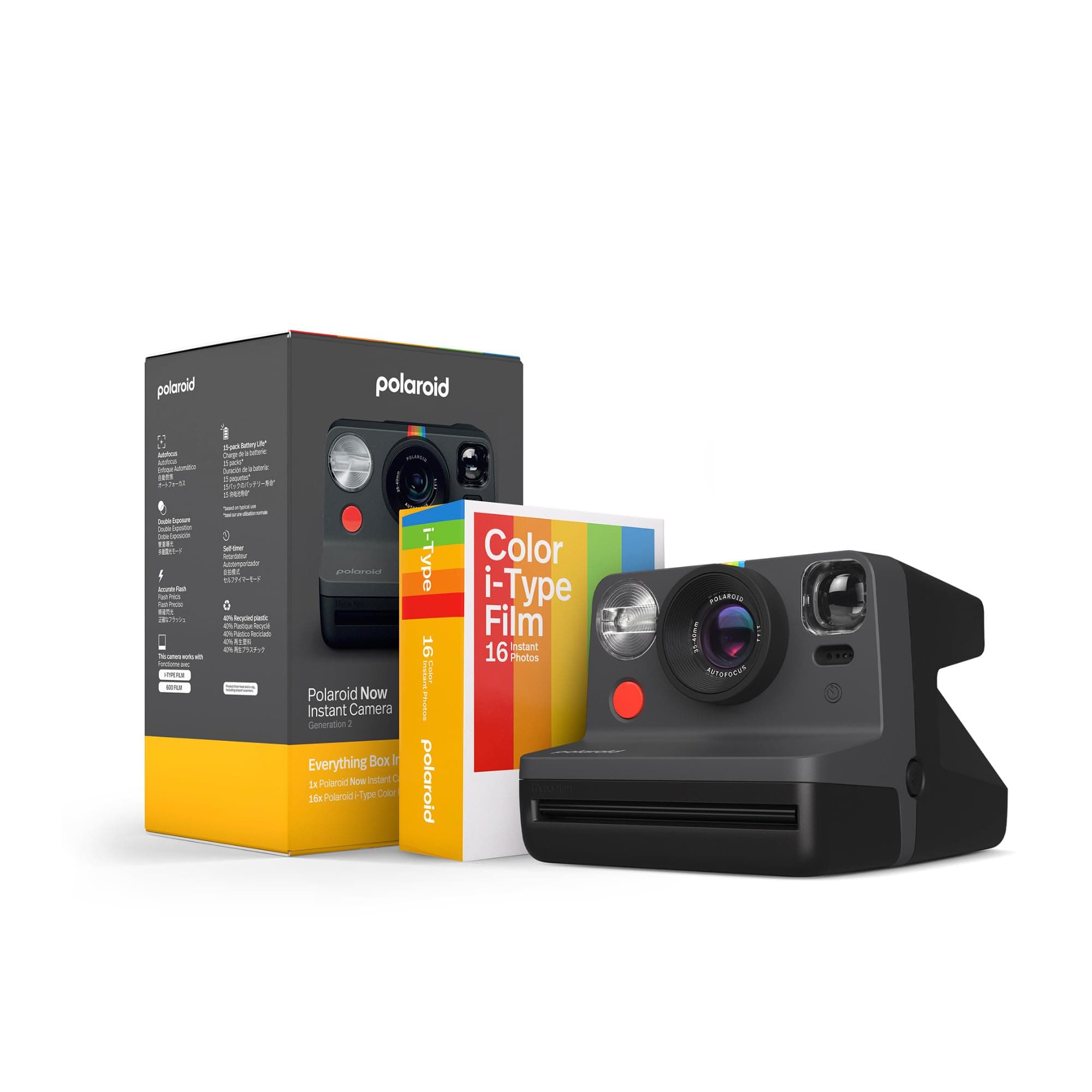 Now 2nd Generation I-Type Instant Camera + Film Bundle - Now Black Camera + 16 Color Photos (6248)
