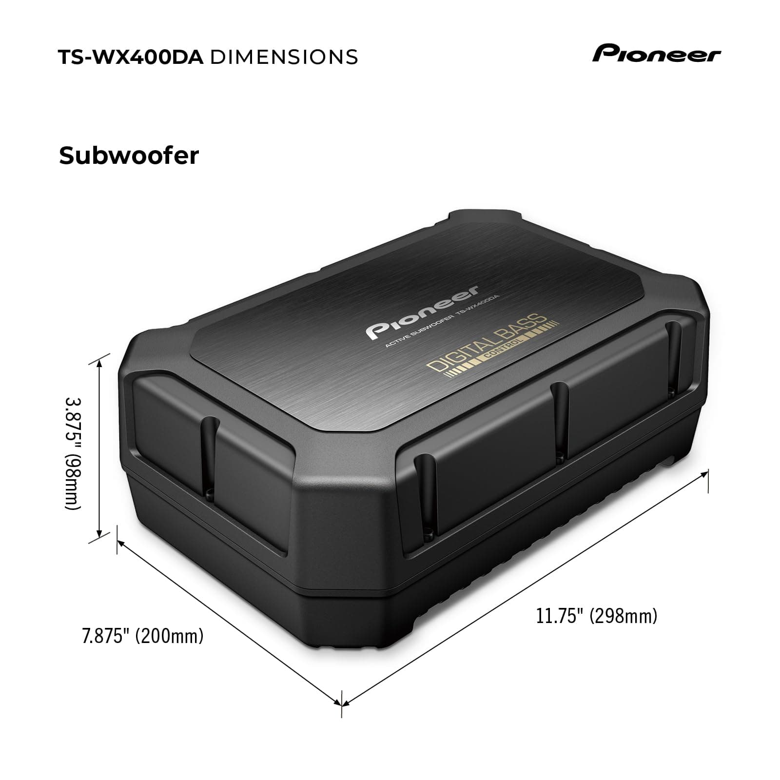 Pioneer TS-WX400DA 9" x 5-1/2" Compact Active Subwoofer Built-in Amplifier, Max 250 Watt Power Sub, Deep or Dynamic Bass Mode, Easy Installation, Enhanced Car Audio