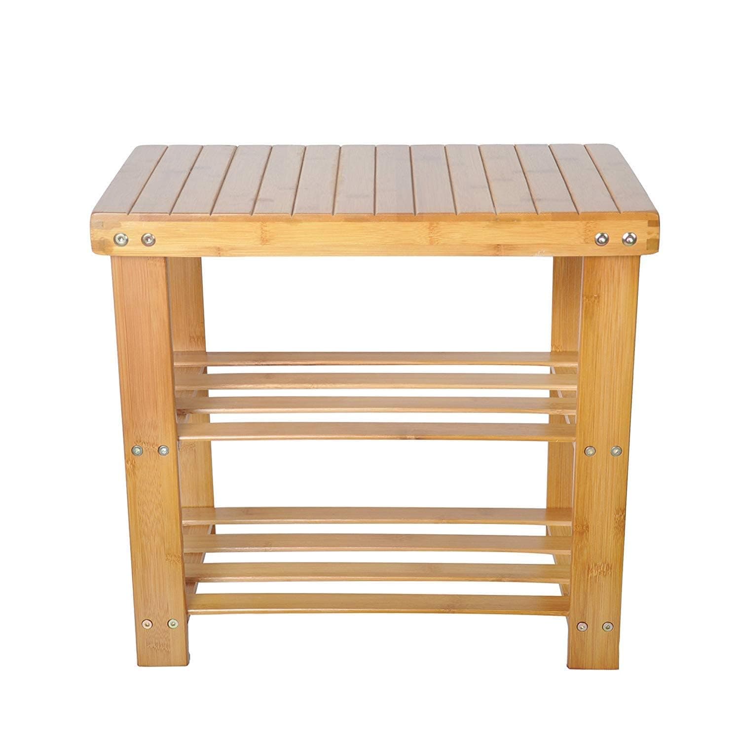 Bamboo Shoe Rack Bench - 3-Tier Small Shoe Rack for Entryway, Bathroom, Living Room, Bedroom - 19-inch
