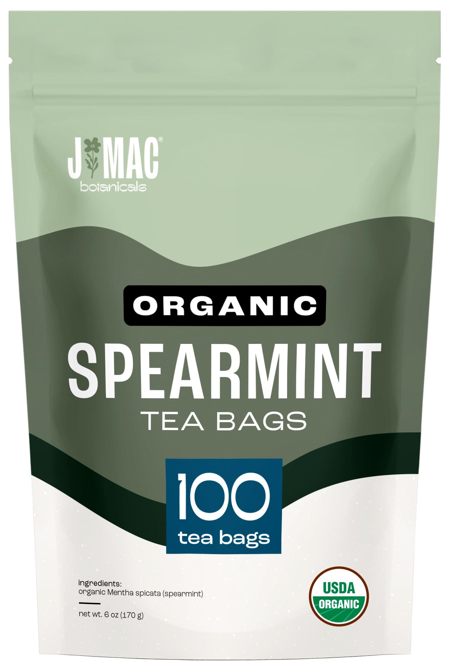 J Mac Botanicals Organic Spearmint Tea Bags (100 Count) - Certified by Organic Certifiers, Inc. - Quality Tea From Nile Valley, Egypt, Packaged in the USA