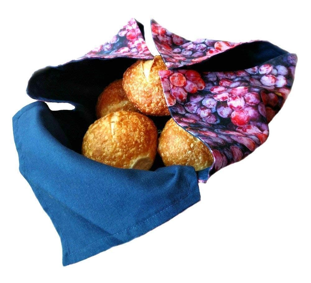 Basket Liner and Warmer for Baked Goods in Grapes on the Vine Print and Solid Blue