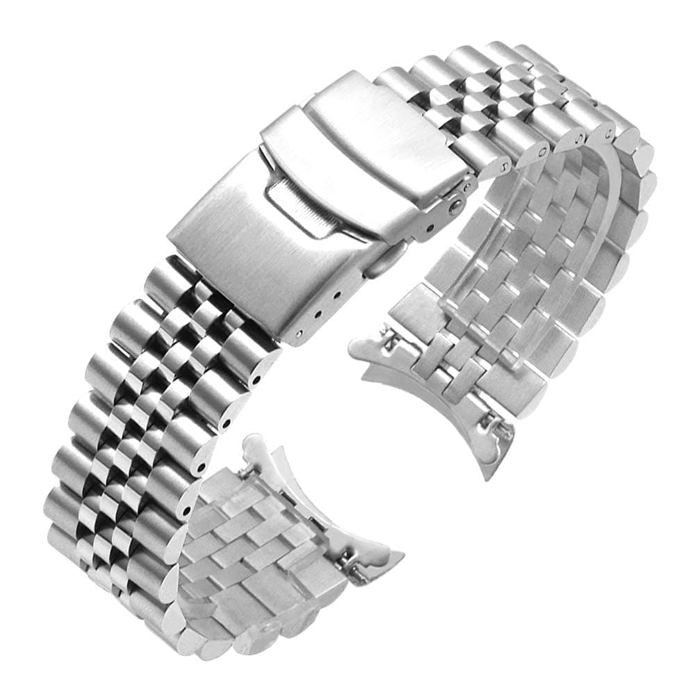 Stainless Steel Curved Ends Tapered 18mm 20mm 22mm 23mm 24mm Metal Watch Band Flexible Watch Strap Replacement Bracelet Deployment Double Flip Lock Buckle Silver Black