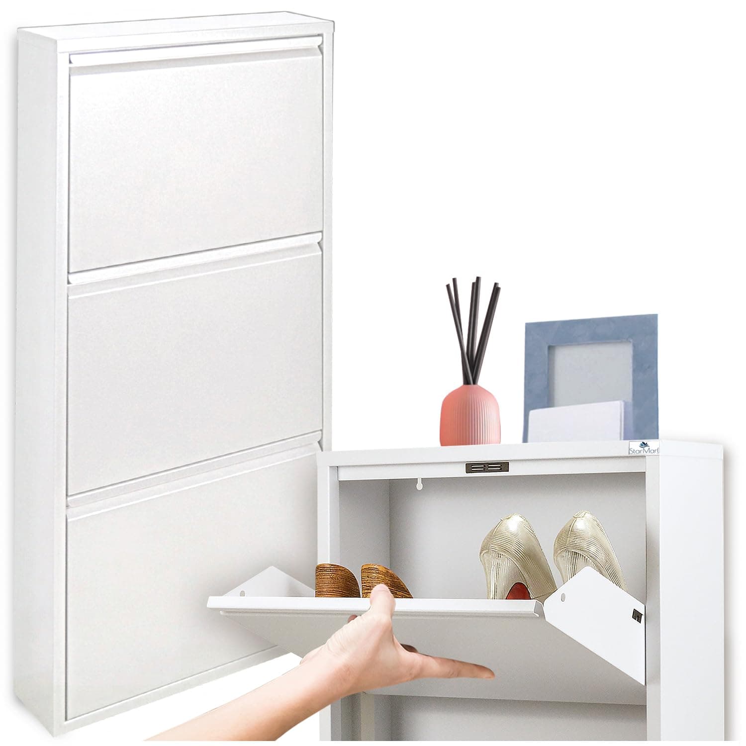 New Shoe Cabinet| Space-Saving| 3-drawer| White| Italian Shoe Cabinet Organizer| fits 6-9 pair of shoes or boots in only 15 cm| in metal| Nothing to assemble!| Indoor, Outdoor use|15 yr Warranty
