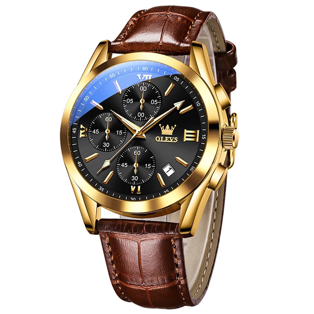 OLEVS Men's Chronograph Quartz Watches, Leather Strap Gold Case with Day Date, Waterproof Stainless Steel Wrist Watch, Luminous Hand Analog Watches for Men, Brown/Black/Blue/White Dial