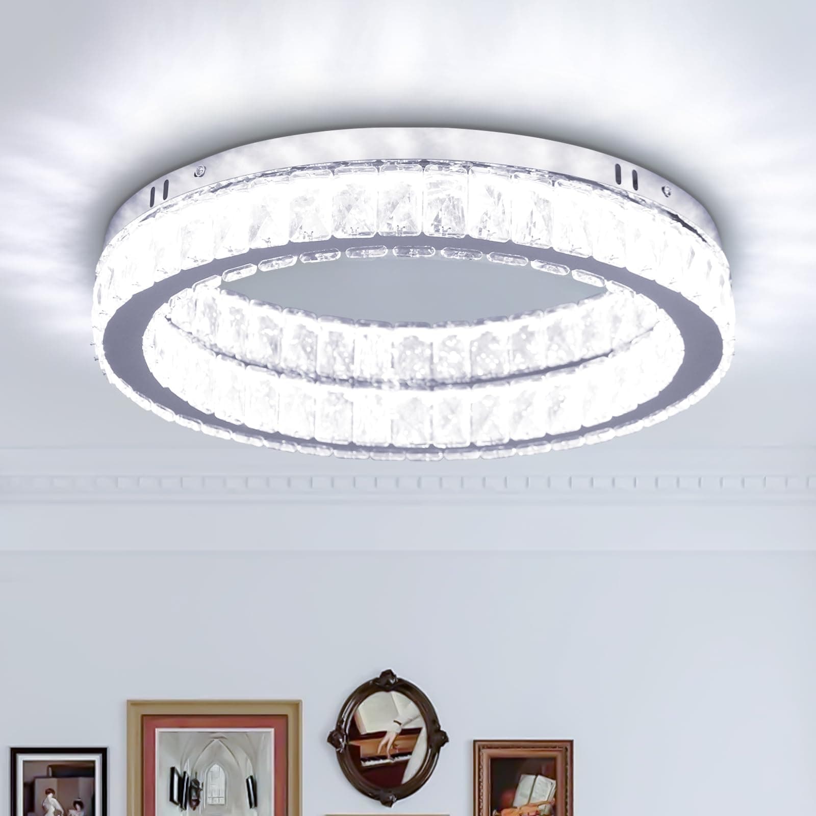 Finktonglan Crystal LED Flush Mount Ceiling Light, 17.7" Modern Round Crystal Ceiling Light, 48W 6000K Cool White, K9 Crystal & Stainless Steel, Low Profile, Non-Dimmable (No Remote)