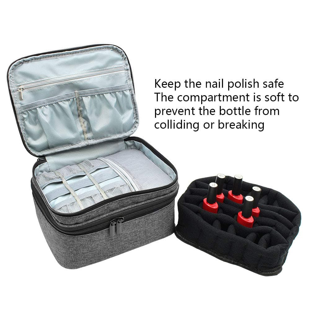 Famard Nail Polish Organizer Case, Portable Nail Polish Holder Holds 30 Bottles (15ml) with Adjustable Dividers, Double-layer Storage Bag for Nail Polish and Manicure Set