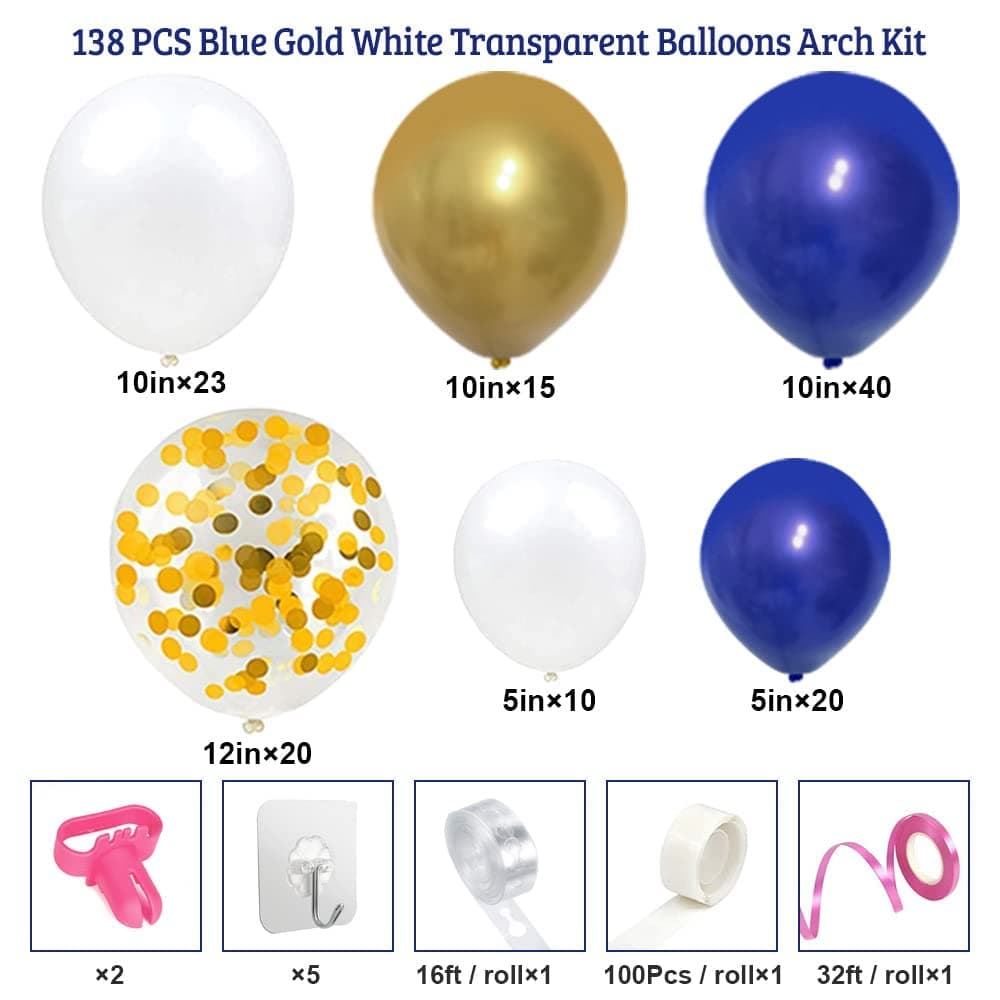 DIY Blue Balloon Garland & Arch Kit, 138pcs July of 4 Party Decorations Balloon Set, Navy Blue & Golden & Sequin Gold & White Balloons for Baby Shower, Wedding, Birthday, Graduation, Anniversary