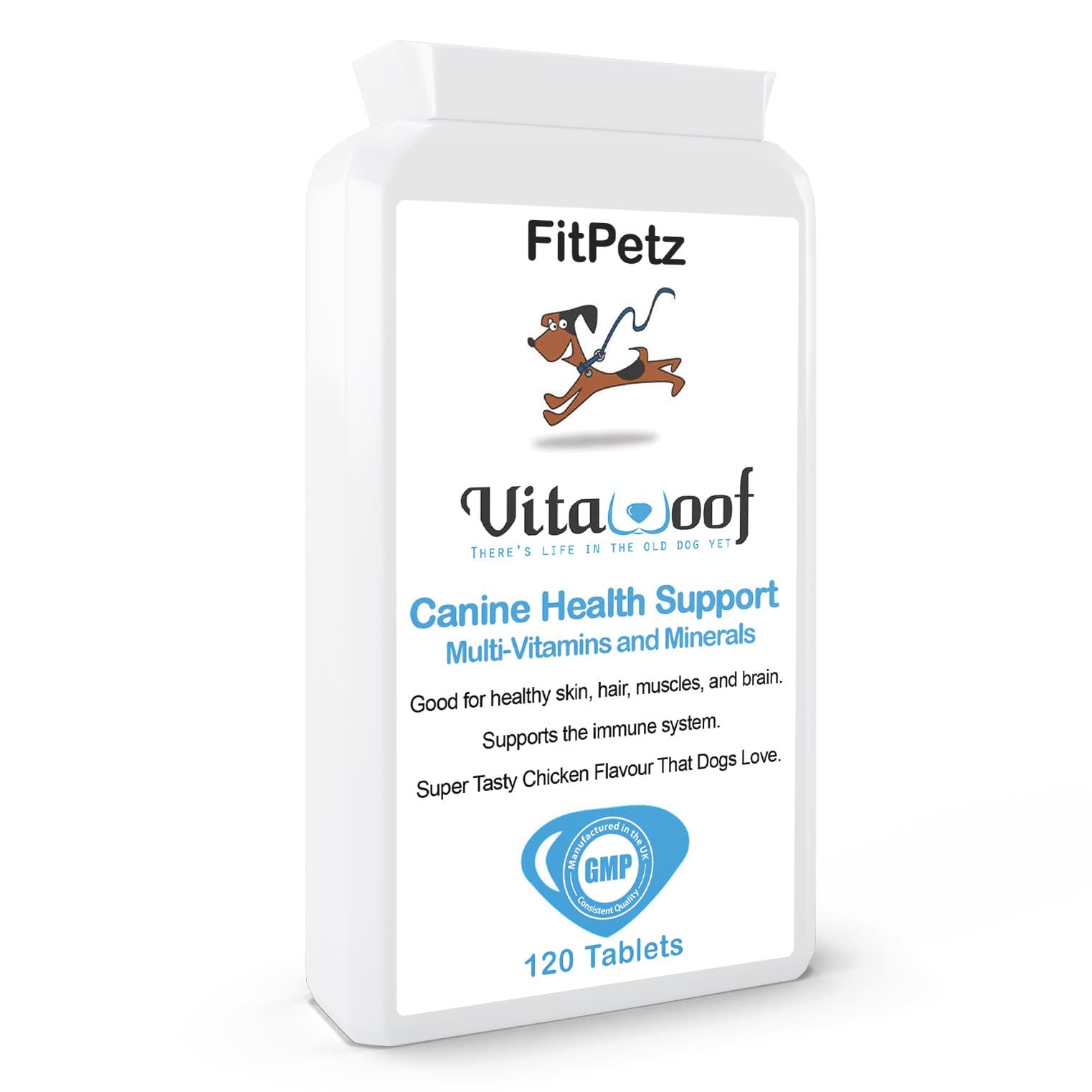 Multivitamins for Dogs - VitaWoof - Calcium, Iron, Zinc, Vits A, B, C, D3, E, K - Dog Supplement for healthy skin, fur, muscles, brain - 120 Chicken Flavoured Tablets - Taste Guarantee - UK Made