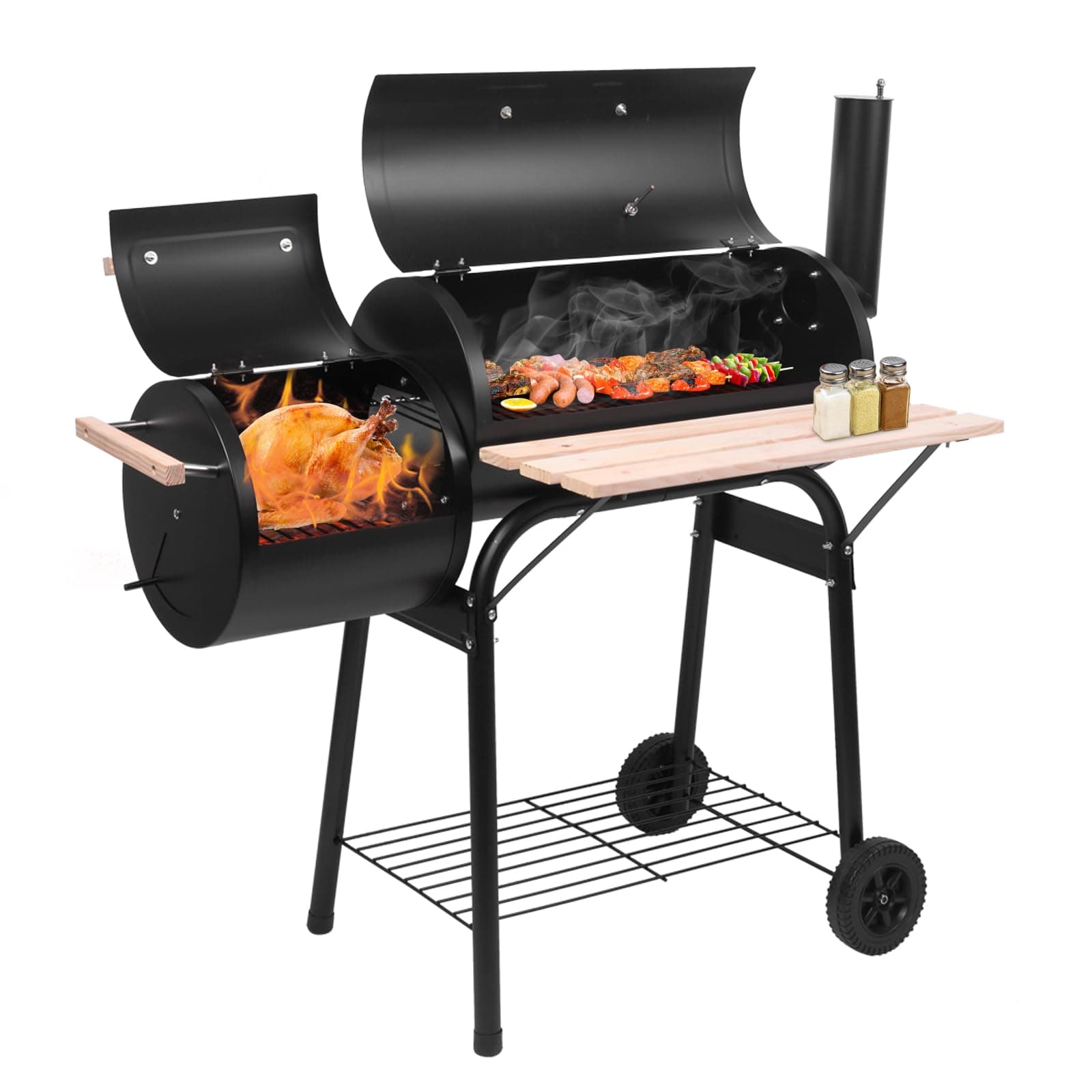 44.1'' Charcoal Grill with Offset Smoker, Portable BBQ Grill with Built-in Thermometer, Adjustable Damper, Wooden Shelf, Easy to Clean for Camping, Backyard, BBQ