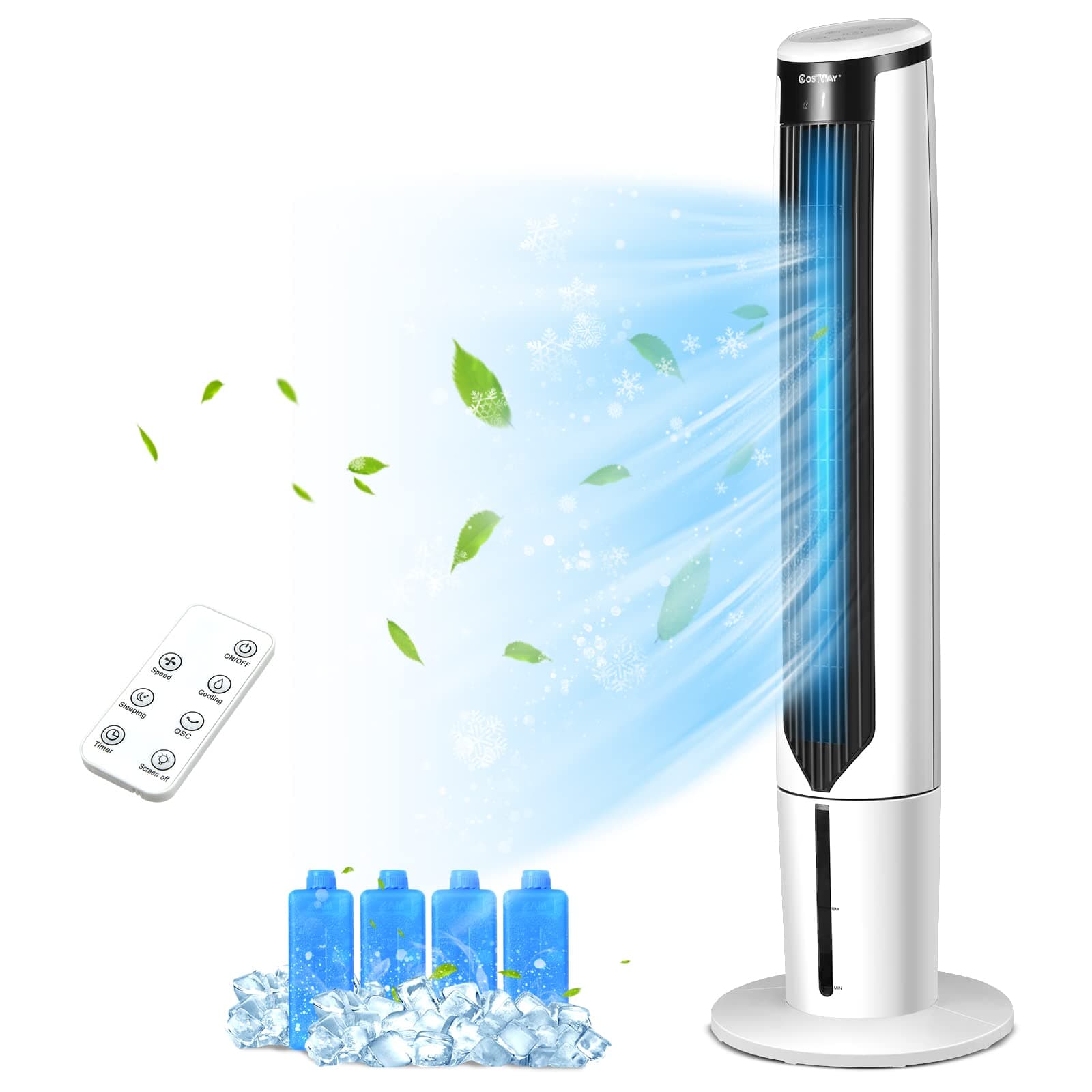 KOTEK 3 in 1 Evaporative Air Cooler, 41” Portable Cooling Tower Fan w/ 70°Oscillation, 4 Ice Packs & Water Tank, 3 Speeds & Cooling Modes, LED Display, 9H Timer, Remote Control for Bedroom Home Office