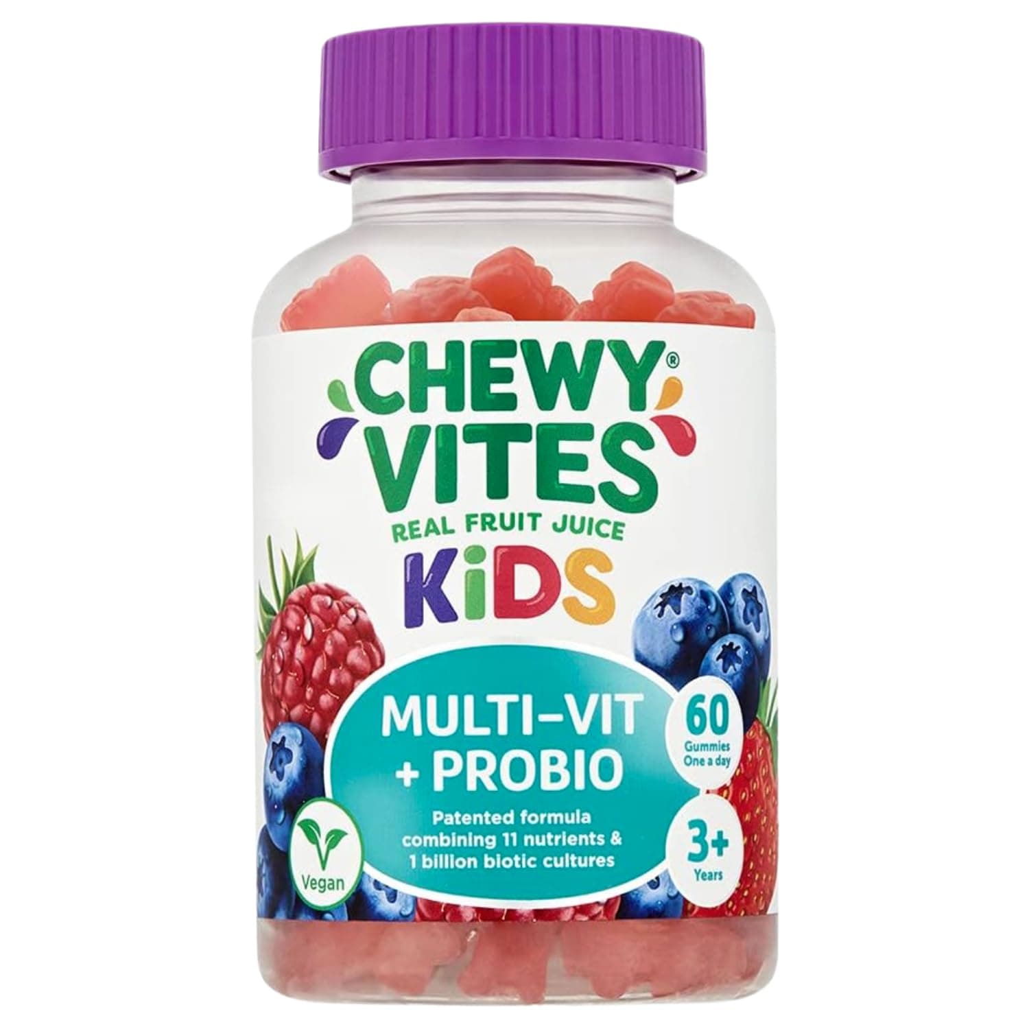 Kids Multi-Vit + Probio, 60 Kids Vitamins Gummies, 11 Essential Nutrients, Probiotics for Children, 2 Months Supply, Real Fruit Juice, Vegan, Age 3 +, Blueberry and Raspberry Flavour