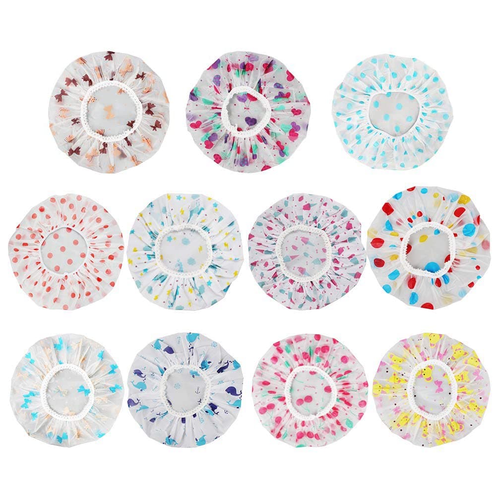 11 Pieces Waterproof Shower Caps Elastic Reusable Plastic Bathing Hair Cap Lady Salon Hat for Kids Girls and Women, Assorted Patterns