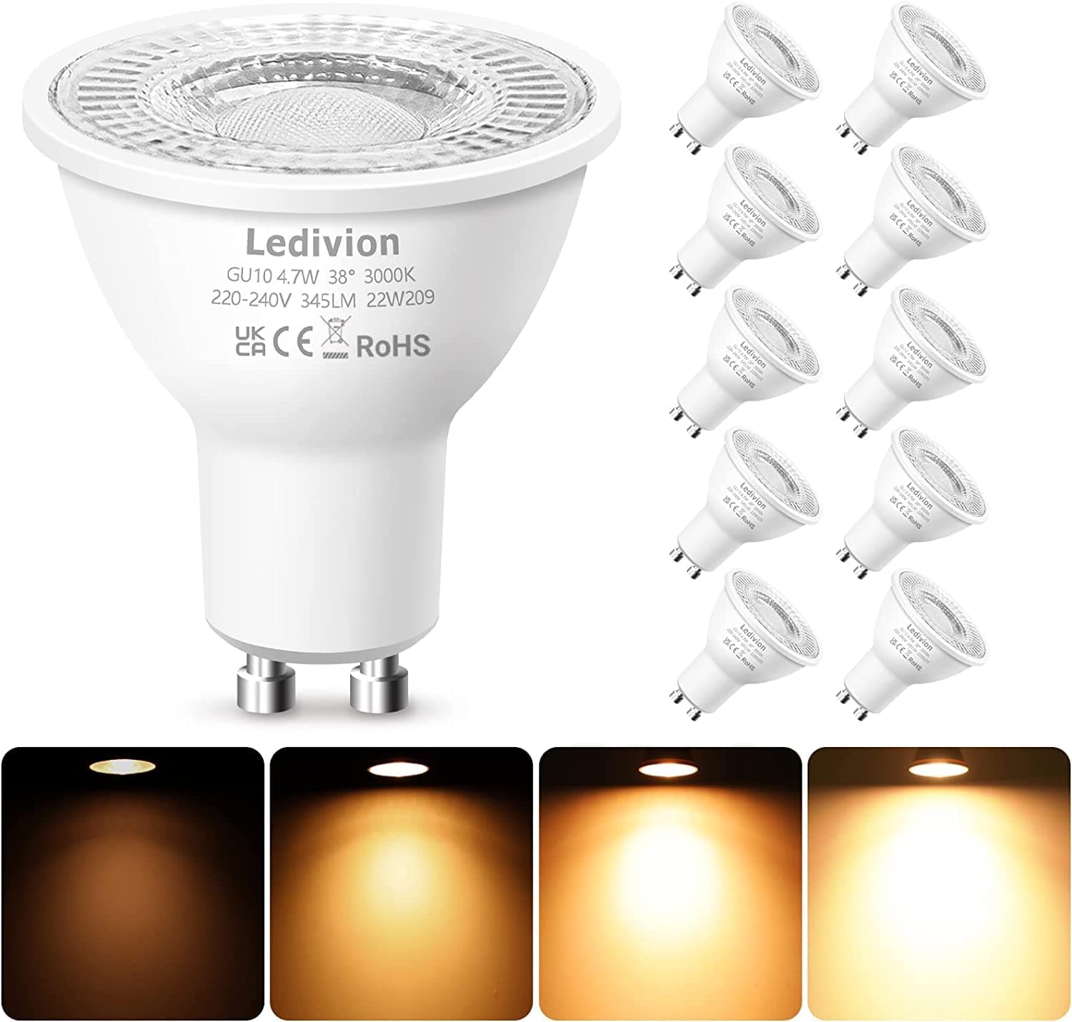 GU10 LED Bulbs Warm White Dimmable, 4.7W LED Spotlight Bulb, 3000K, 50W Halogen Equivalent, 220-240V 345 Lumen 38° Beam Angle, Pack of 10