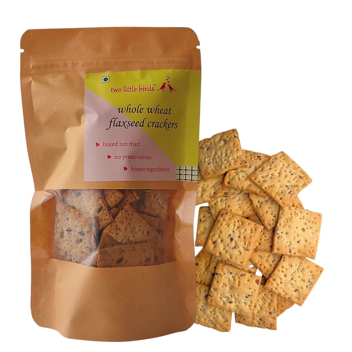 two little birds Whole Wheat Flaxseed Crackers - Made with Healthy Flaxseeds| Baked Not Fried, Eggless, Handmade, Freshly Baked Snacks Chips| No Preservatives, Maida or Palm Oil| 120Grams (Pack of 1)