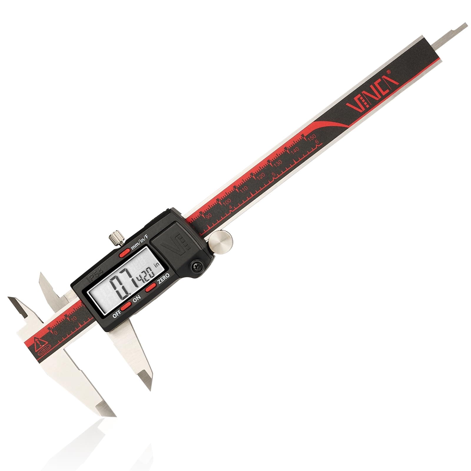 Vinca Dcla 0605 Electronic Digital Caliper Inch/Metric/Fractions Conversion 0-6inch/150mm Stainless Steel Body Red/Black Extra Large LCD Screen Auto Off Feat ured Measuring Tool by Vinca