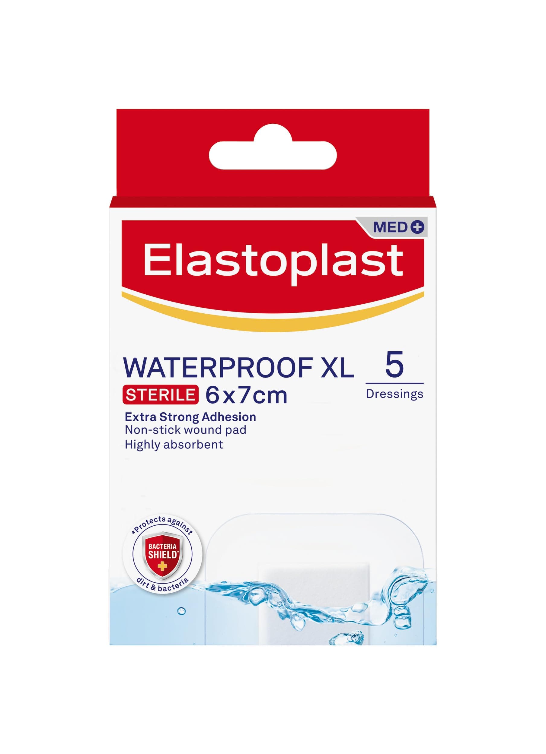 Elastoplast Waterproof XL Med+ Dressings (5 Pieces), Pack of First Aid Plasters, Large Plasters for Post-Operative Wounds, Waterproof Sterile Dressing for Wounds, 0% Latex, Flexible Material, Clear