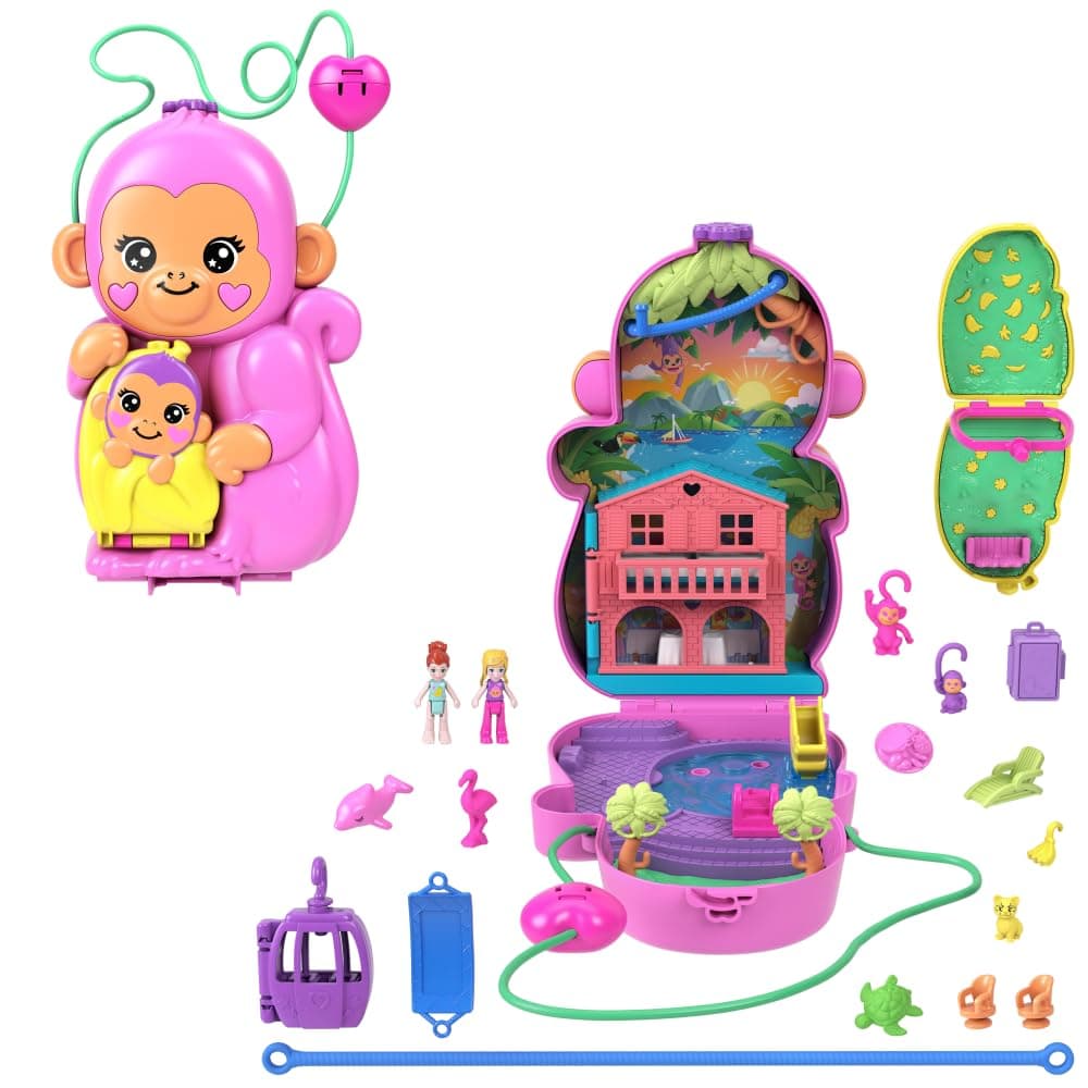 Polly Pocket Dolls & Playset with Pets & 13 Accessories, 2-in-1 Momma Monkey & Baby Wearable Purse & Animal Toy