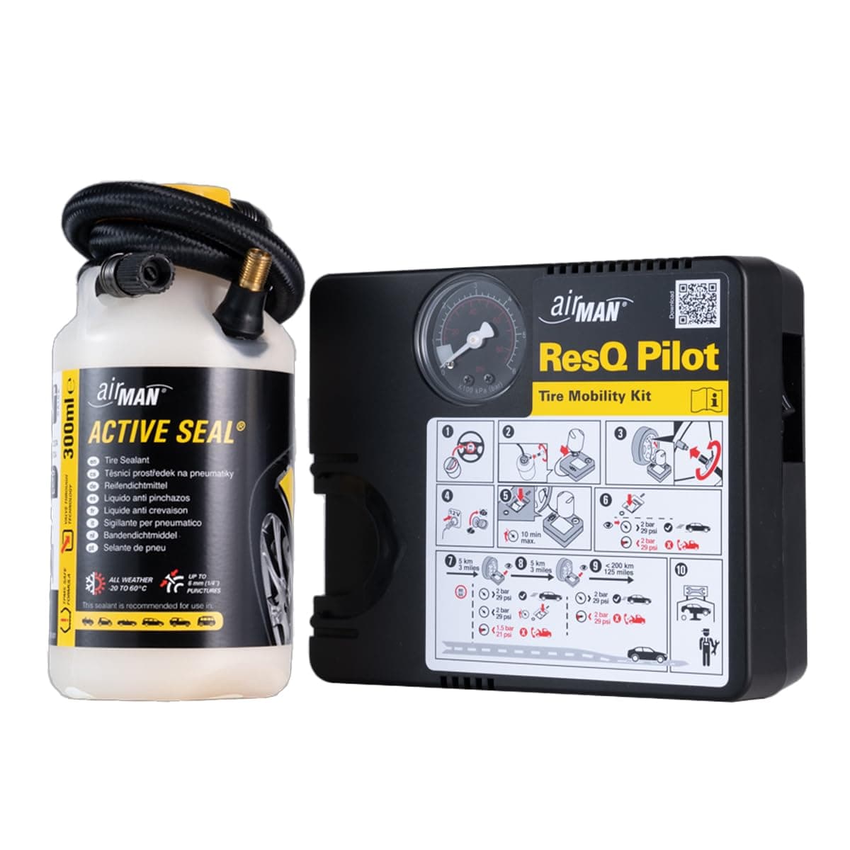 AirMan Tyre Repair Kit, with Valve Puncture Repair Sealant, Air Compressor, for All Cars (Pilot 2.0 Tyre Repair Kit)