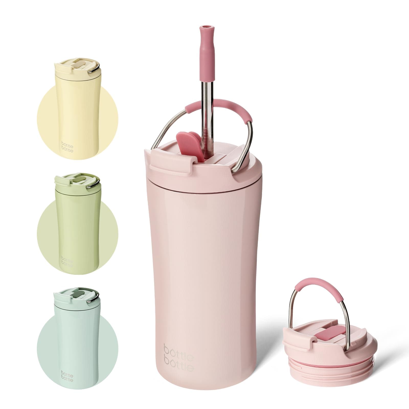 bottlebottleBOTTLE BOTTLE Insulated Coffee Tumblers with Dual-use Lid and Straw Double Walled Iced Travel Coffee Mug for Woman and Man 12oz Stainless Steel Tumbler with Handle(pink)